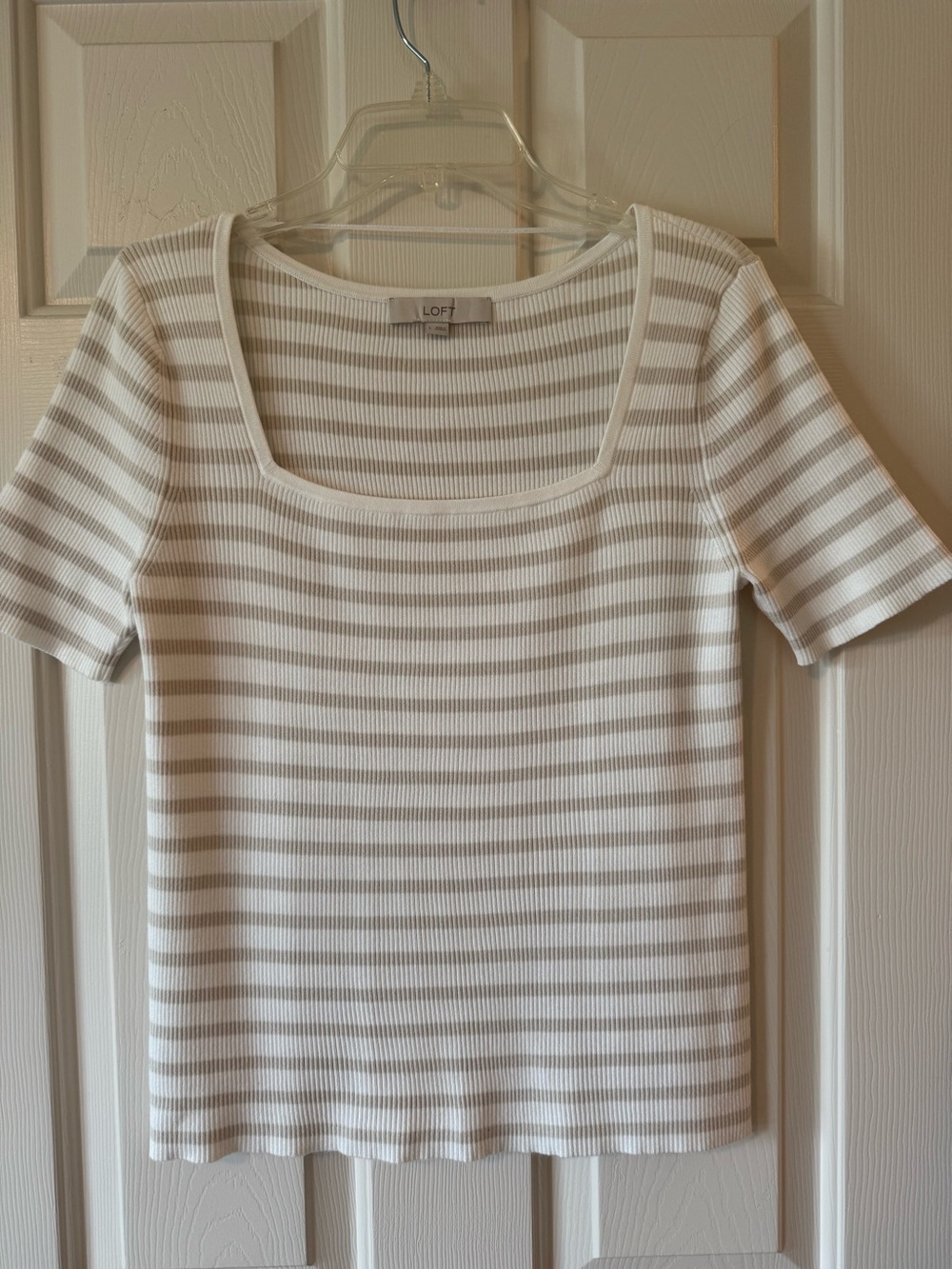 LOFT Women's Square Neck Short Sleeve Ribbed Stripe Top - White & Beige, Large